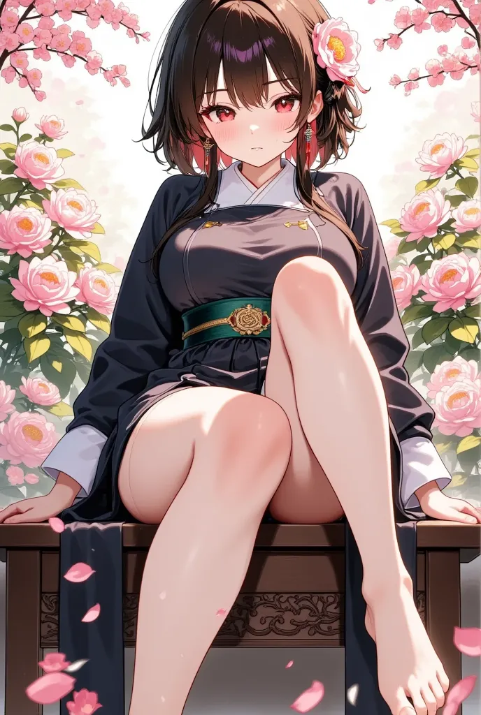  high quality,4K, rich in details,Realism,Photographic Grade,Low Angle of View,anime girl in a black kimono, short hair，barefoot,Toes,Soles,Delicate face,Quietly meditating,sitting on a flower table full of flowers,Petals falling in the air, natural light ...