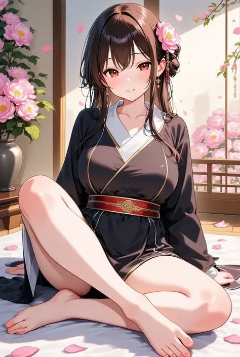  high quality,4K, rich in details,Realism,Photographic Grade,Low Angle of View,anime girl in a black kimono, short hair，barefoot,Toes,Soles,Delicate face,Quietly meditating,sitting on a flower table full of flowers,Petals falling in the air, natural light ...