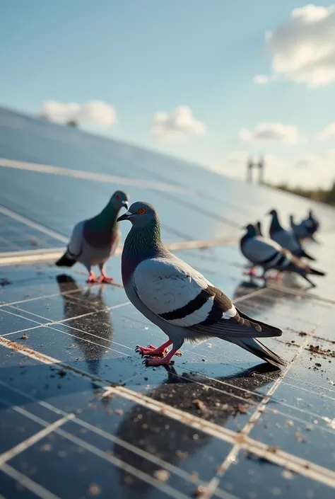 "A group of pigeons sitting on solar panels, causing dirt and mess on the surface. The solar panels appear dusty and stained due to bird droppings, reducing their efficiency. The scene is set under a bright sky, with sunlight reflecting off the dirty panel...