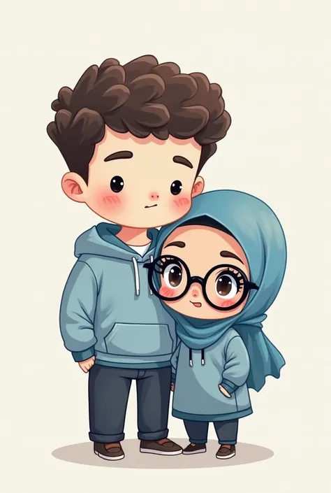 Make a cute chibi of man who had a taper fade curly hair style with white skinned and have a blush cheek and he is wearing a light blue hoodie. And then leening on him is a hijabi girl with light blue hijab too wearing black glasses and have a not so light...