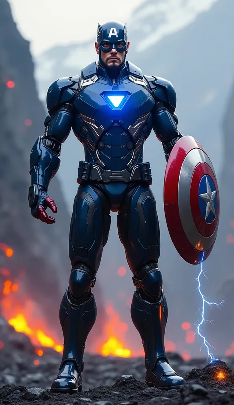 fusion of Ironman with Capitan America, cybernetics, high-tech, ultra realistic, 16k, Standing tall, mountainous lava background, blurred background, blue energy in chest, firing lightning at the background, looking ferocious, Muscular body, Dark Blue Colo...