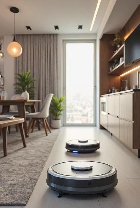 An apartment with a robot vacuum cleaner and a robot that wipes dust