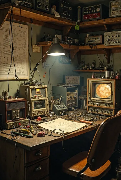 A 1960s radio repair workshop filled with vintage electronic devices, oscilloscopes, old radios, and vacuum tubes. A wooden workbench is cluttered with soldering irons, screwdrivers, circuit boards, and tangled wires. The scene has dim warm lighting, with ...