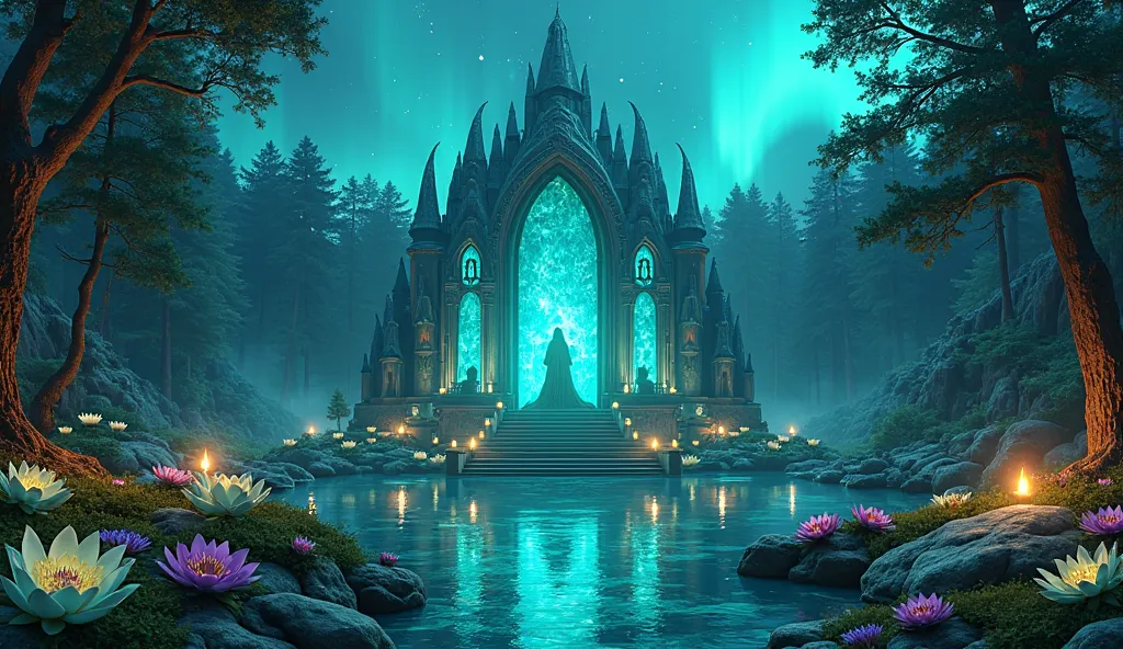 
Fantasy temple with peaked towers made of turquoise-colored glass, the temple has 3 small balls of beautiful turquoise light on the top,  at night,  clear sky con la  turquoise northern lights  de color turquesa,  3 very large turquoise roses ,  at night,...