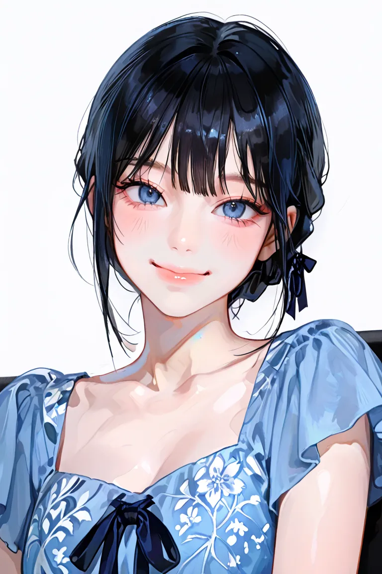 4k , 8k , (only 1 female black hair blue eyes) , (((no hair bangs))) , 25 years old , with dress  , novel , manhwa , very details , hair details , very anime eyes detais  , ตรงตามกายวิภาคมนุษย์ ,ร่างกายสมส่วน , Korean , anime eyes, ((half body focus)) , ri...