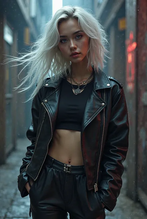 A girl in her 20s with a long fluffy hairstyle up to her shoulder blades, platinum-colored hair, is wearing bonded leather pants,  sports top, leather jacket