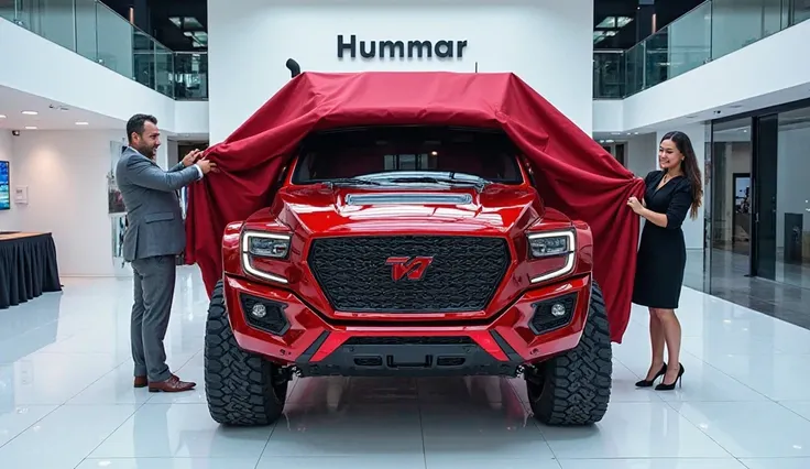 A vibrantCrystal (Hummar h1 truck concepts of America royalty ) with a bold front grille and hood scoops is being unveiled indoors in a sleek, modern showroom with glossy white floors and reflective surfaces. Two people, a man in a grey suit and a woman in...