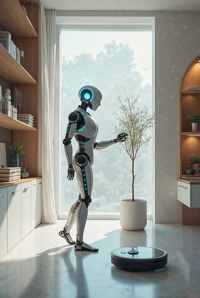 A house with a robot that removes dust from shelves and a robot vacuum cleaner