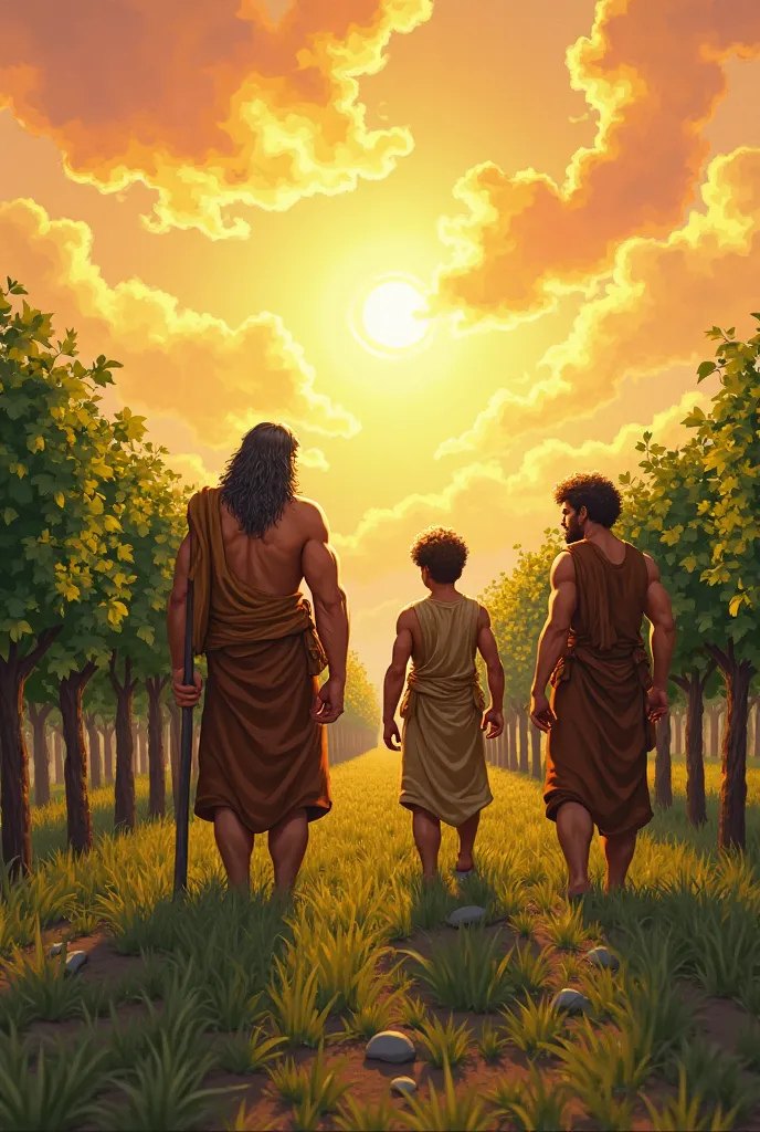 A symbolic image showing Shem and Japheth helping Noah in the vineyard, while Cam walks away alone. The sky in the background shines with golden hues, representing the lesson learned about respect and honor. In Disney/Pixar-style art.