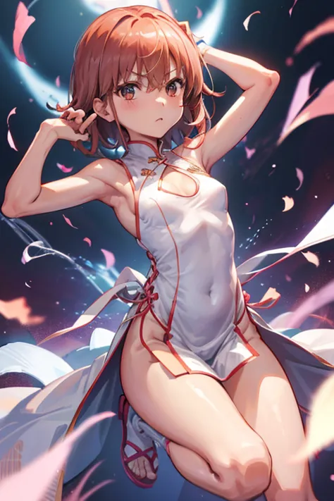 Misaka Mikoto、A Certain Scientific Railgun、girl、Small breasts、whole body、bare shoulders, china dress, chinese clothes, short dress, cleavage cutout, sideboob, thighs,、best quality,