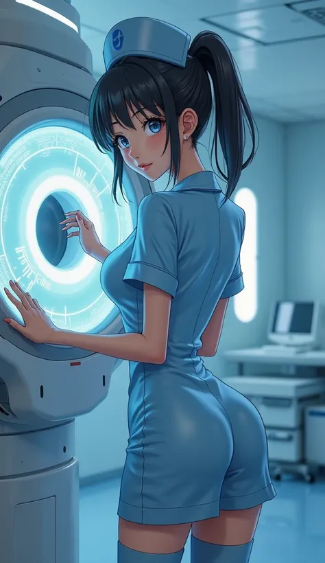 Picture of a sexy nurse in tight light blue uniform playing with a medical scanner  and porn with and anime