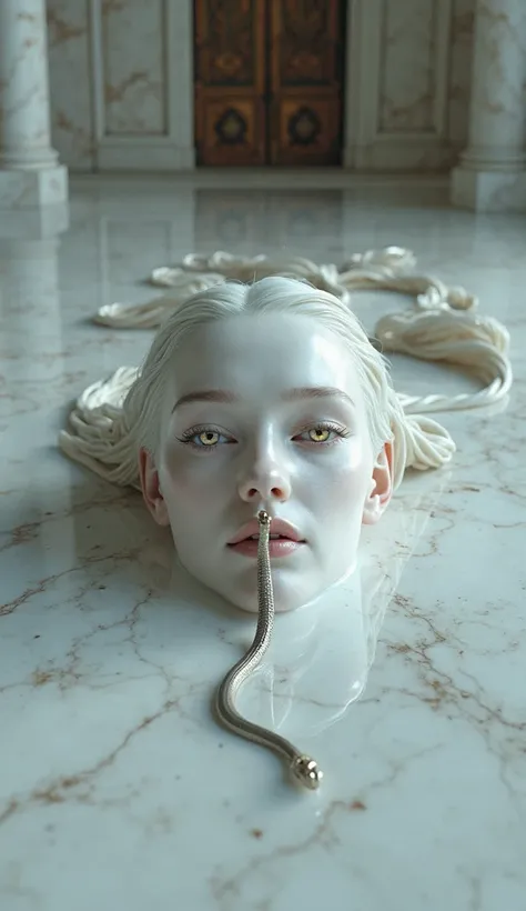 The face of a huge, pure white woman is buried on the marble floor, and her eyes are glowing purple、There is a snake coming out of the mouth、4K images、 real 