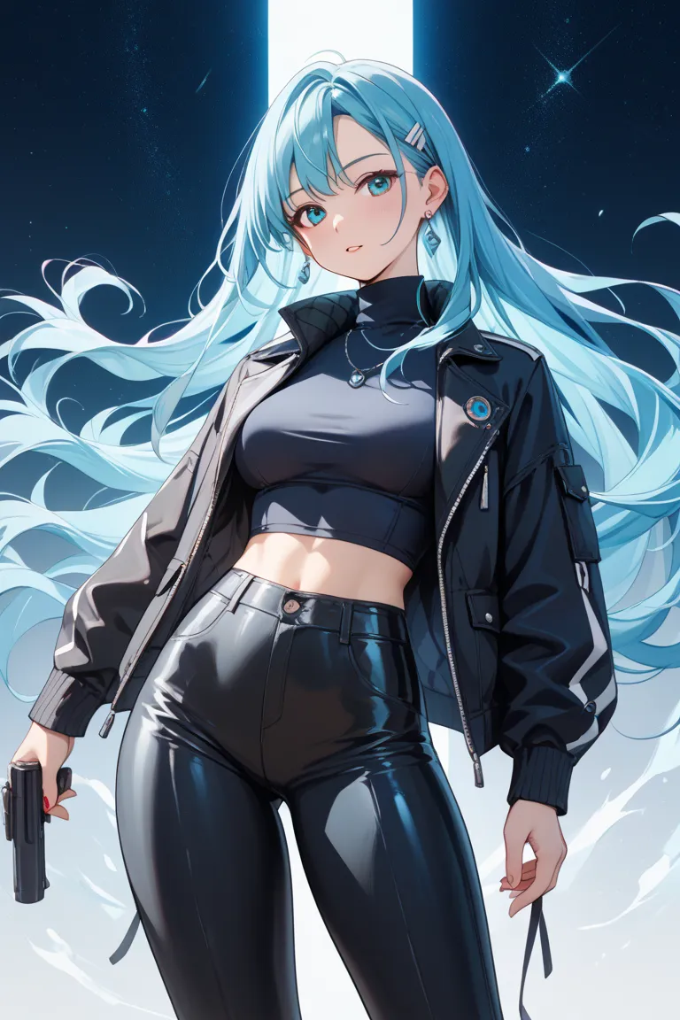 A cool and confident woman with extremely long turquoise blue hair stands in front of a black Tesla Model 3-style electric car. She wears a black suit (jacket and pants) paired with a red turtleneck, creating a sharp and sophisticated look. Her expression ...