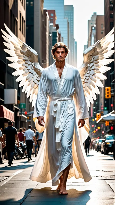 An angel walks among people in a big city, with a serene face and eyes full of divine light. His white robe melts with the breeze and his wings are half hidden by a heavenly glow. Nobody around him notices, But where he steps, shadows recede and hope bloom...