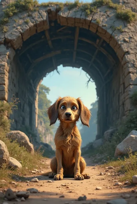 A stray dog with a scarred body, sitting alone under a broken bridge animated with disney pixar's animation touch