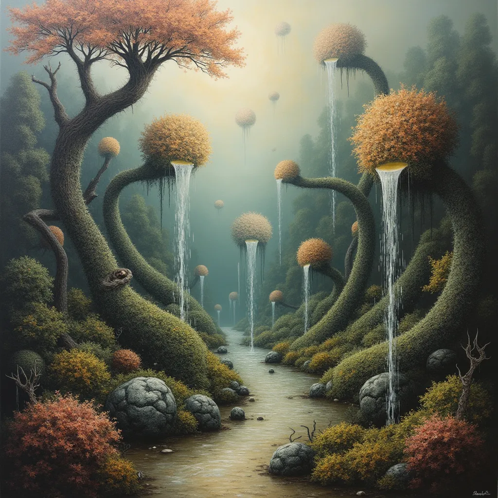 surreal and abstract painting of a desolate botanical garden with strangely shaped bushes and magical water fountains, classic art, dreamy, surreal, photorealistic, magical, esoteric, occult, symbolism