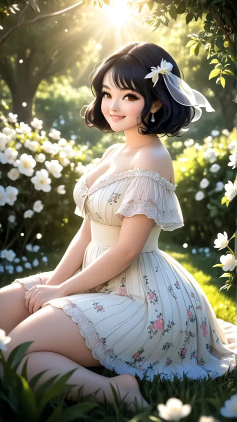 A young Asian plus size model of rare beauty, extremely milky white skin, short black hair with a Chanel cut, intense light açaí brown eyes, curvaceous body, thin and high waist, wide and sexy hips, firm legs, delicate and slender hands and feet. This mode...