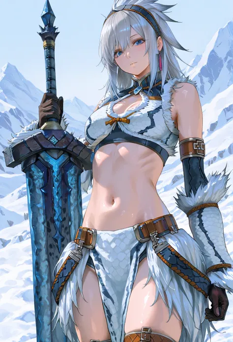 Monster Hunter、Kirin Gear、 one woman、最high quality、 masterpiece、Ultra High Definition、high quality、Gray Hair、 Snow Mountain 、front、Great Sword、Shao Thunder Sword【Kirin】、 is holding a weapon、Shoulders、My stomach is bare skin、noon、 blue eyes、watching viewers...