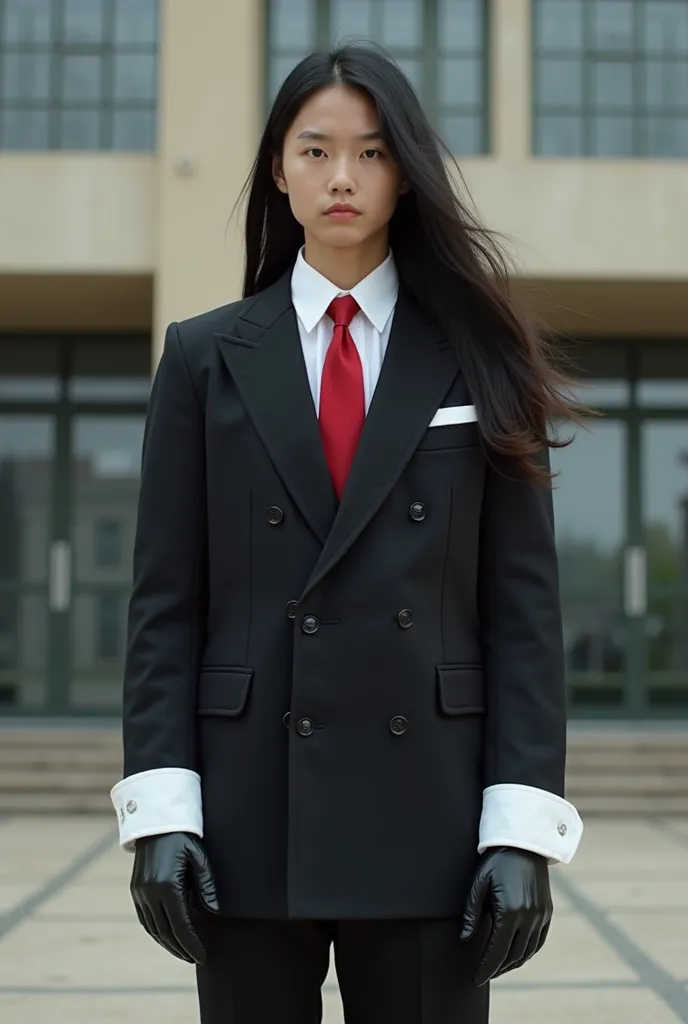 Live Action Tall Asian Tween Boy With Long Flowing Shoulder-Length Black Hair, Wearing a VERY Long Sleeved Black Double Breasted Suit over a White Dress shirt And Red tie, With White Sleeve cuffs over his Black Leather Gloved Palms and Black Dress pants, i...