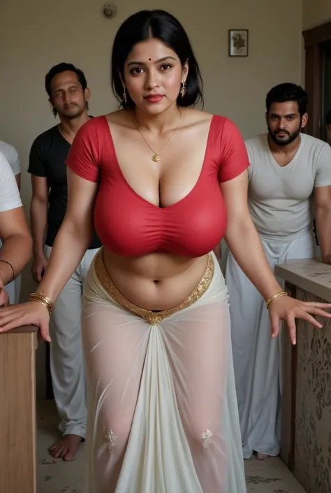 A white slim  indian school girl with big boobs wide hips broad shoulder thick thighs showing her U-cut shaped deep cleavage in white see through saree and red blouse thighs are outside saree standing with a tall black African man and surrounded by a group...