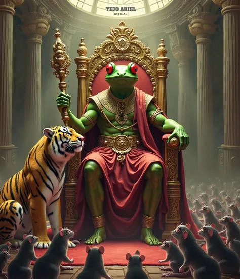 features a magnificent fantasy scene full of symbolism.  In the middle of the image , there is a figure with a human body sitting on a majestic royal throne, but its head is a green frog head with glowing red eyes. He wears a harness gold with intricate de...