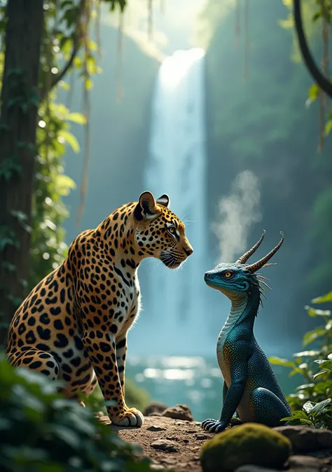 A cinematic and realistic image, in hyperrealistic style, showing an adult jaguar, of fawn fur with black spots,  muscular and majestic , in an upright position , watching attentively a mystical creature, a western water dragon. the dragon, with iridescent...