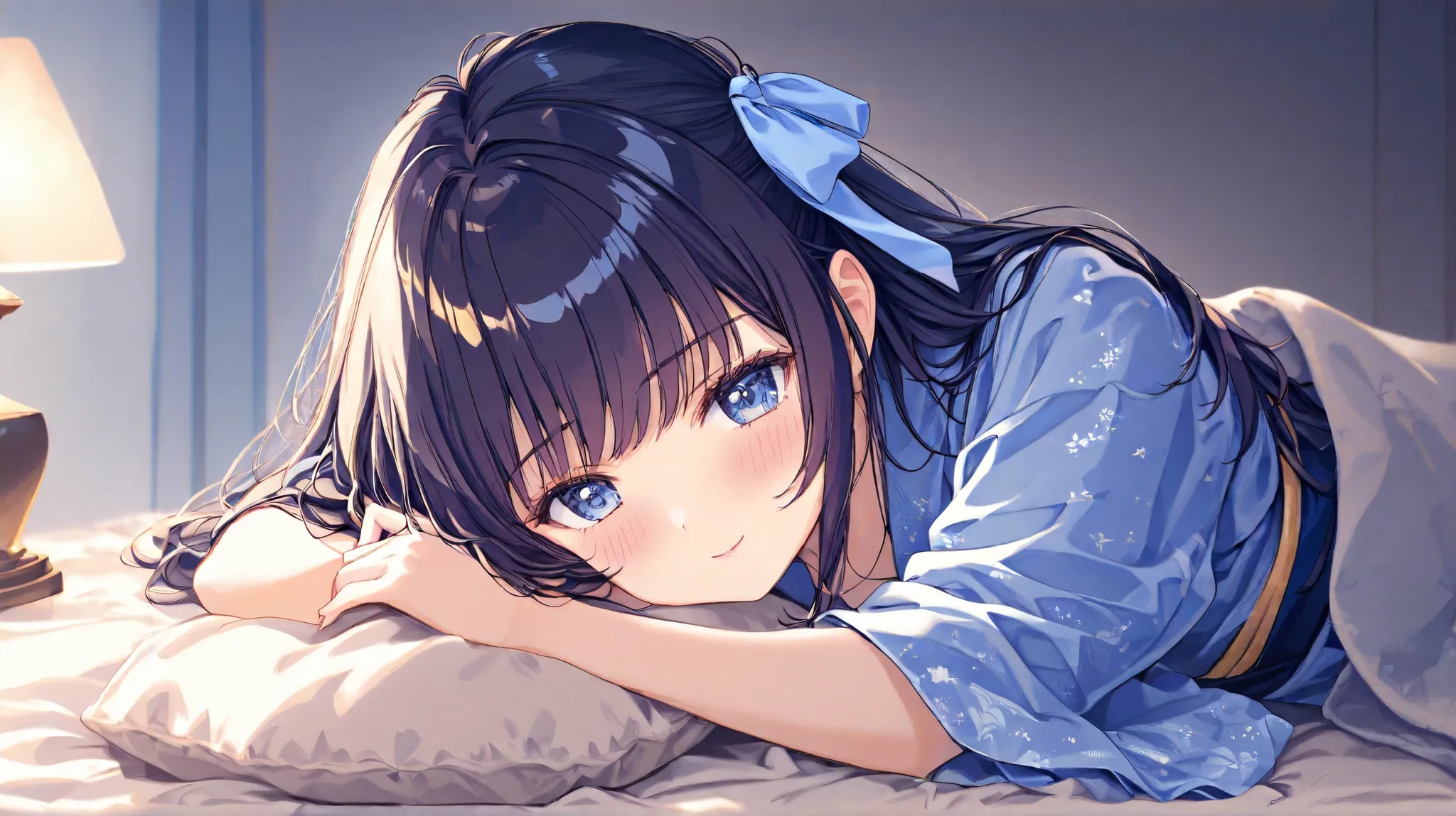  long hair, (  black hair) , bangs、Forehead , 1 girl, solo、 blue hair ribbon 、 blue kimono、on the bed just a little bit、 Costume、high quality、cute、Bitter smile、on the bed