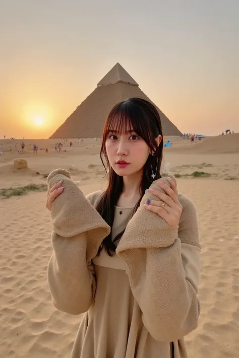 "A Japanese female archaeologist, dressed in khaki clothing, standing in front of an ancient Egyptian pyramid at sunset, uncovering a golden treasure chest covered with sand and hieroglyphs. The atmosphere is hot and dry, with the vast desert stretching be...