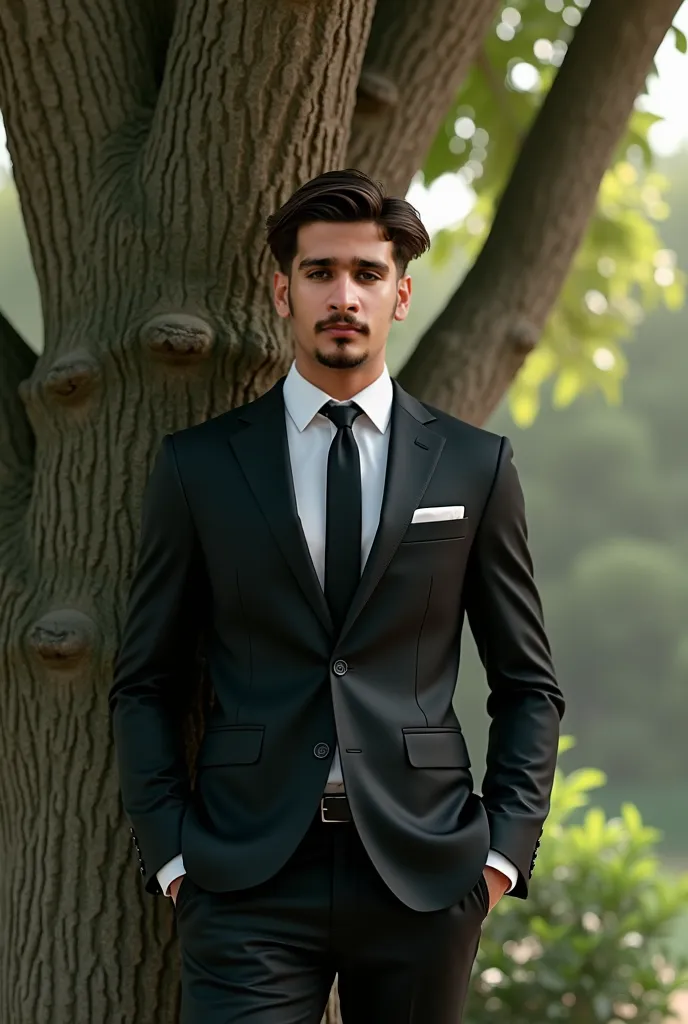 Handsome 17-year-old zain, standing, full body Ultra-realistic detailed rendering, wearing a suit with black tie, with his whole body visible, standing beside the tree, and with a tree behind him, and with a little light
