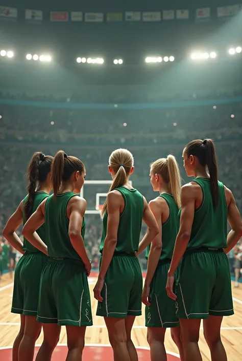 5 joueuses de basket de dos en tenue verte qui se concertent sur un terrain de basket dans les arènes