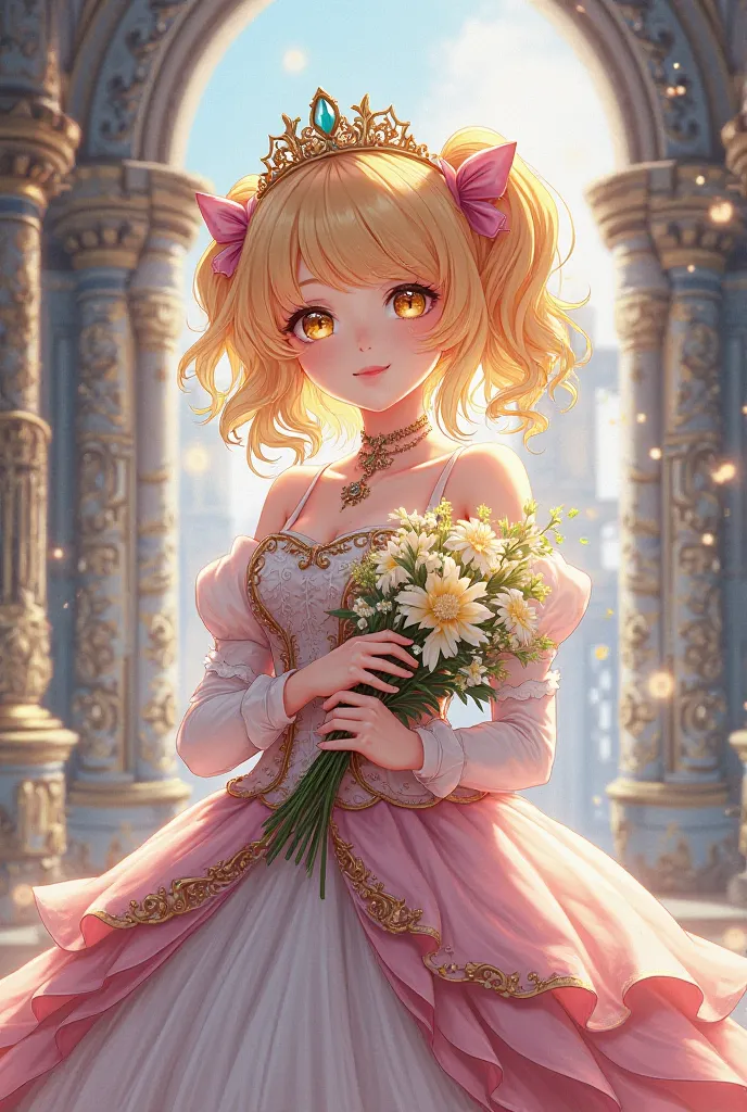 Blonde Pretty Girl Medium Twin Drill Wave Curl Screws Yellow Eyes Castle Background Anime Illustration Japanese Style Princess Costume Fantasy World Princess Castle Background Holding a Bouquet