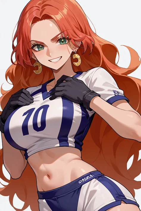  score_9,  score_8_up,  score_7_up,  score_6_up,  source_anime, BREAK 1girl, Solopovacara watching you ,  eyelashes, earrings, Black gloves,(((40 years old))), Chest Hold,volleyball uniform, Wicked Smile ,