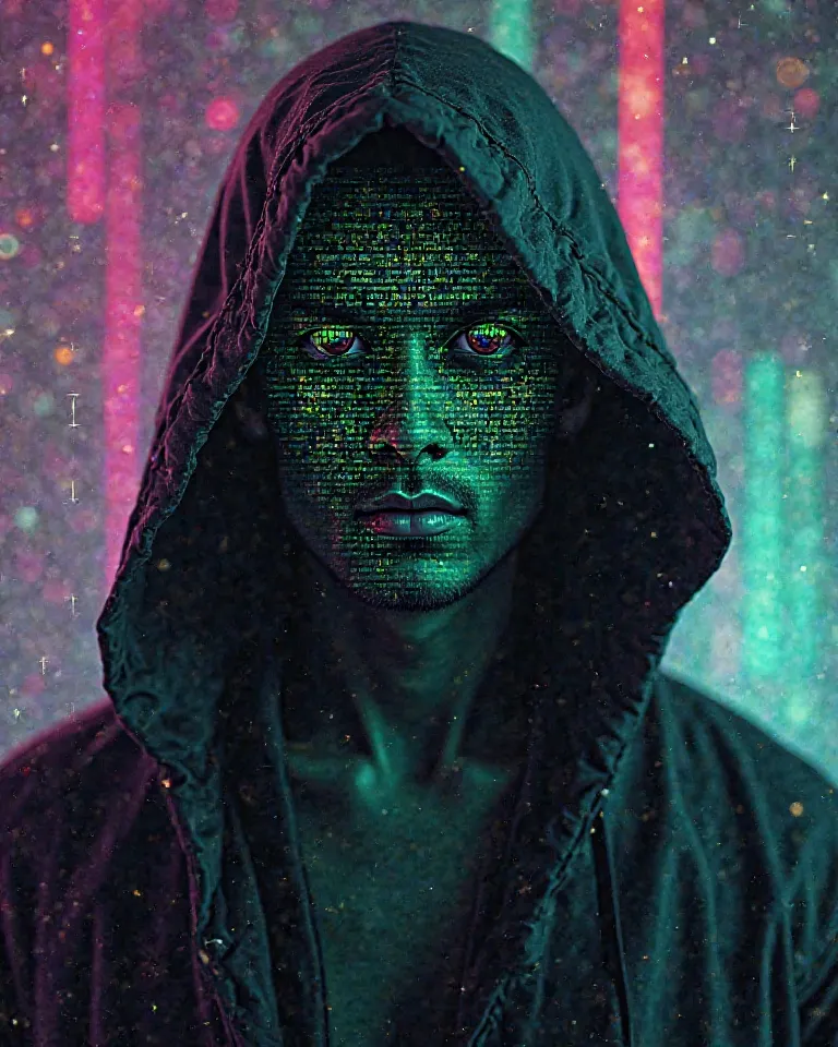 A Cyberpunk Glitch Art Portrait of a mysterious cyber-prophet wearing a hooded cloak, their face partially obscured by shifting code patterns, with distorted visuals and digital artifacts. Use a neon-infused palette of toxic green and deep violet to create...