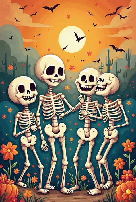 I want it to be simple illustration style of some cheerful skeletons a cheerful background painting