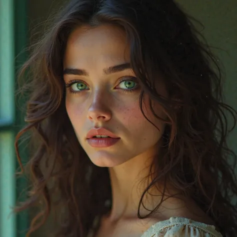 A brunette woman with curly hair and human green eyes 