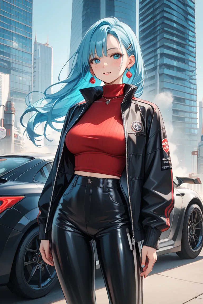 A cool and confident woman with extremely long turquoise blue hair stands in front of a sleek black Tesla Model 3-style electric car. She wears a black suit (jacket and pants) paired with a red turtleneck, creating a sharp and sophisticated look. The gloss...