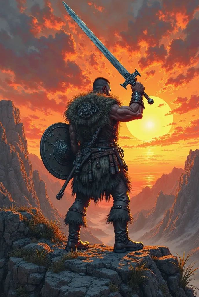 1980s comic book style illustration of a Viking warrior slightly in profile, holding a shield, raising a medieval sword above his head with his arm outstretched, with the tip of the sword pointing towards the sunset