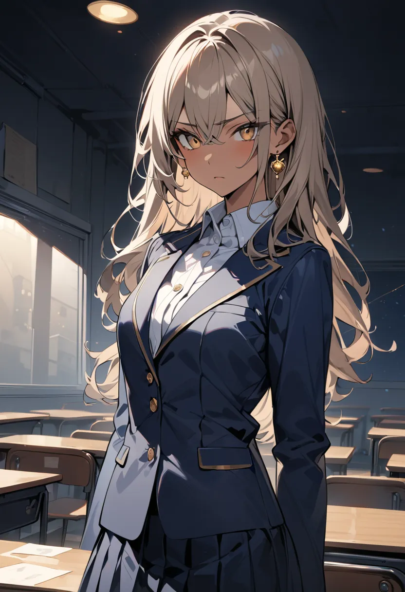 ((Greatest Masterpiece,super high quality:1.2)),(super resolution),(solo),cowboy shot,night,Slender, small-breasted high school girl standing in a dim classroom, healthy tan skin , beautiful face,Light brown long hair,perfect golden eyes,stares, serious ex...