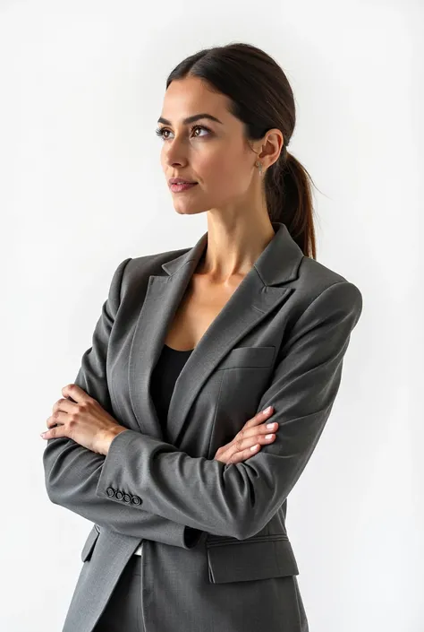 Thinking businessperson. woman wearing suit. white background with copy space.