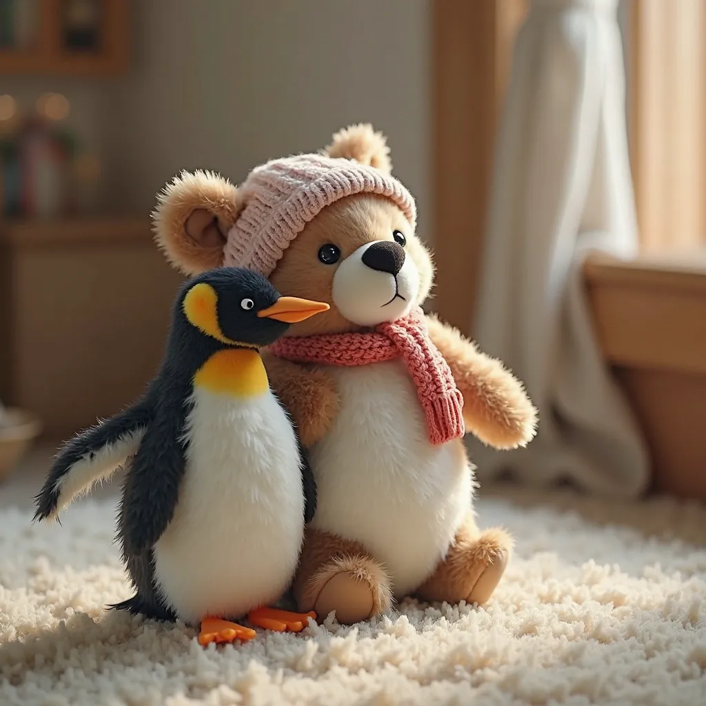 The teddy bear and penguin have merged into one hybrid animal. The creature has the penguin’s wings and feathers but the teddy bear's soft, round body. It wears a small scarf and a winter hat, looking charming and adorable. The background remains the same ...