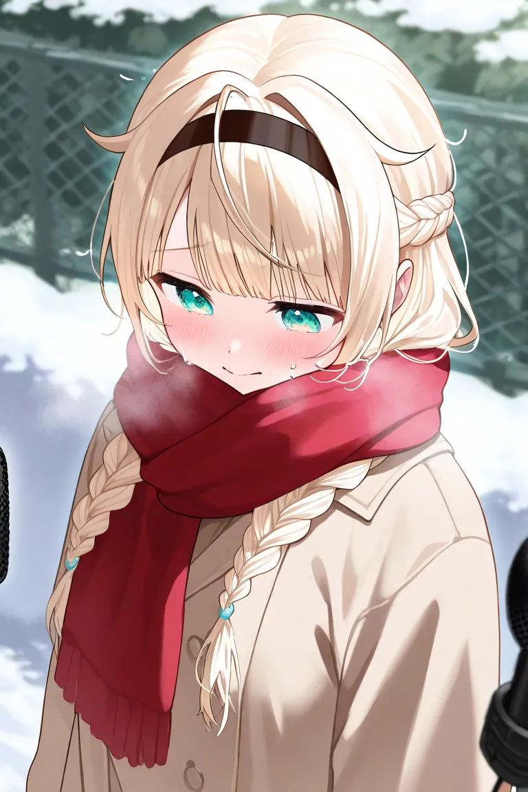 Japanese woman looking down with her face buried in a scarf in the snow、 Kazama Iroha、hololive、 Gold、 bright hair color、black headband、 turquoise eyes 、 Change her hairstyle to braids、 is suffering from the cold 、 has a strong face 、 with mesh is shaking v...