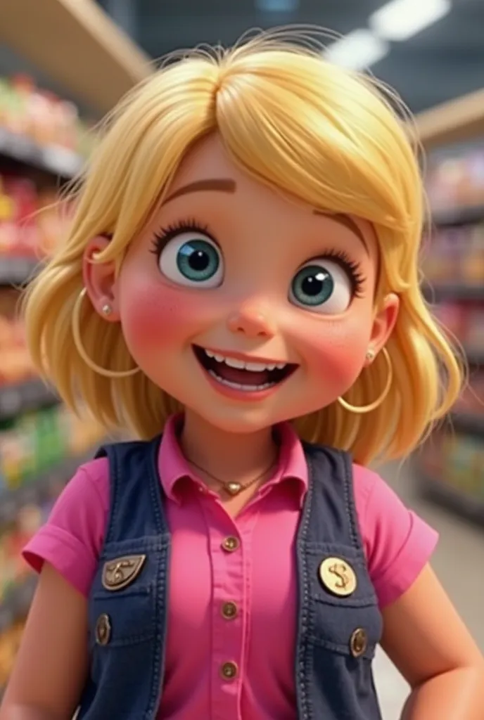 chubby girl, blonde, with a kare hairstyle,  smiles . In a bright pink blouse and a dark blue vest with a badge. Against the background of a grocery store rack. The picture is made in Disney's 3d animated style.