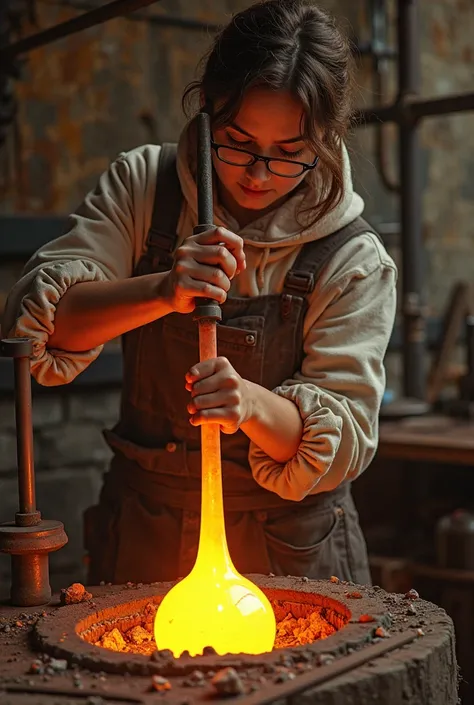 A student who is in a glass workshop, the student collects glass with an iron cane in a 1600-degree oven 