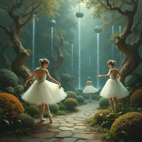 surreal painting of a mysterious botanical garden with strangely shaped bushes and magical water fountains, spectral ballerinas are dancing around, classic art, dreamy, surreal, photorealistic, magical, esoteric, occult, symbolism