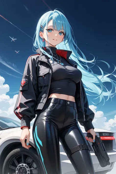 A cool and confident woman with extremely long turquoise blue hair stands in front of a sleek black Tesla Model 3-style electric car. She wears a black suit (jacket and pants) paired with a red turtleneck, creating a sharp and sophisticated look. The gloss...