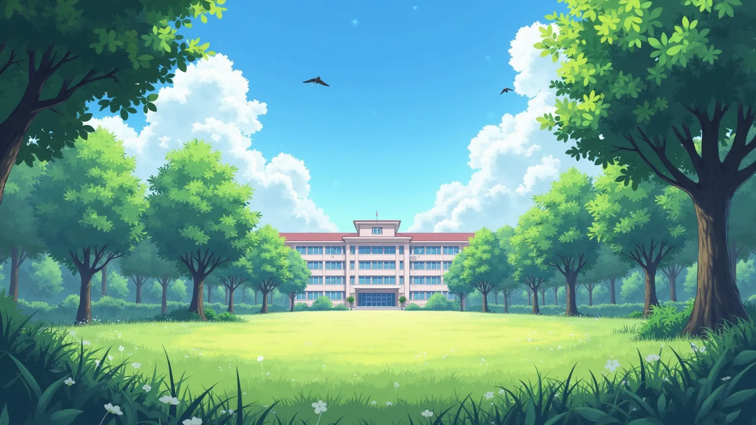  Anime style. clear sunny day. Hospital courtyard.  green, grass a couple of trees. Against the background of the city's mental hospital.  blue sky. 