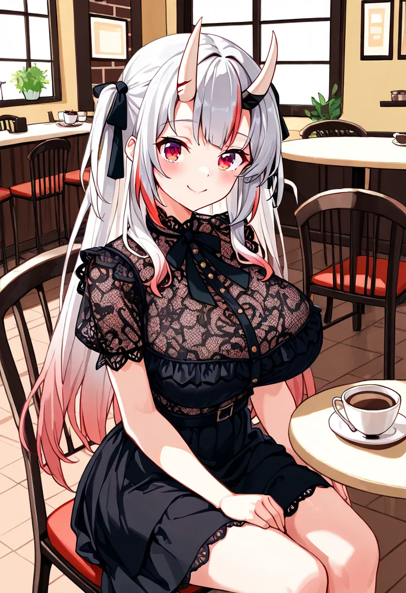 (Highest quality , 8k , masterpiece , incredibly absurdres , perfect body , super detailed skin , highly detailed eyes and face , 1 woman ) ,  nakiri ayame , Silver Hair , red eyes , demon horn , smile ,  will be happy , ( Lace blouse, tulle skirt , cafe ,...