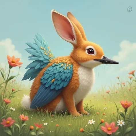 The hybrid creature has the soft body of the rabbit, but now adorned with the kingfisher’s colorful feathers and sharp beak. The rabbit’s ears remain, and the bird’s vibrant feathers extend along its back. The setting stays the same — a grassy outdoor fiel...