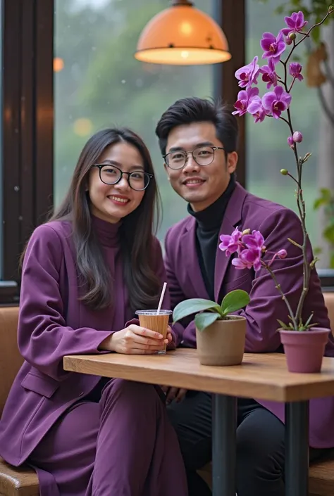   of a woman end a man Korea sitting at a wooden table in a cafe setting warm and modern decor.  The woman does not wear a hijab ,  has long hair neatly combed ,  and wears elegant casual clothes in purple .  She wears modern style glasses and smiles softl...