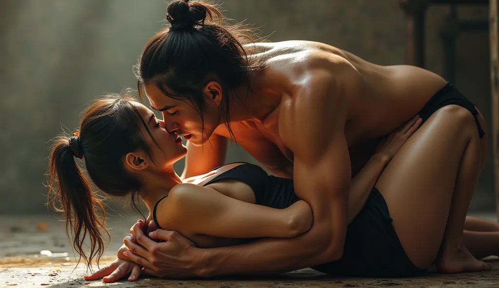 a very muscled and savage and topless and big chinese woman laying on her back on the floor and on her a slim asian woman wrestling and kissing